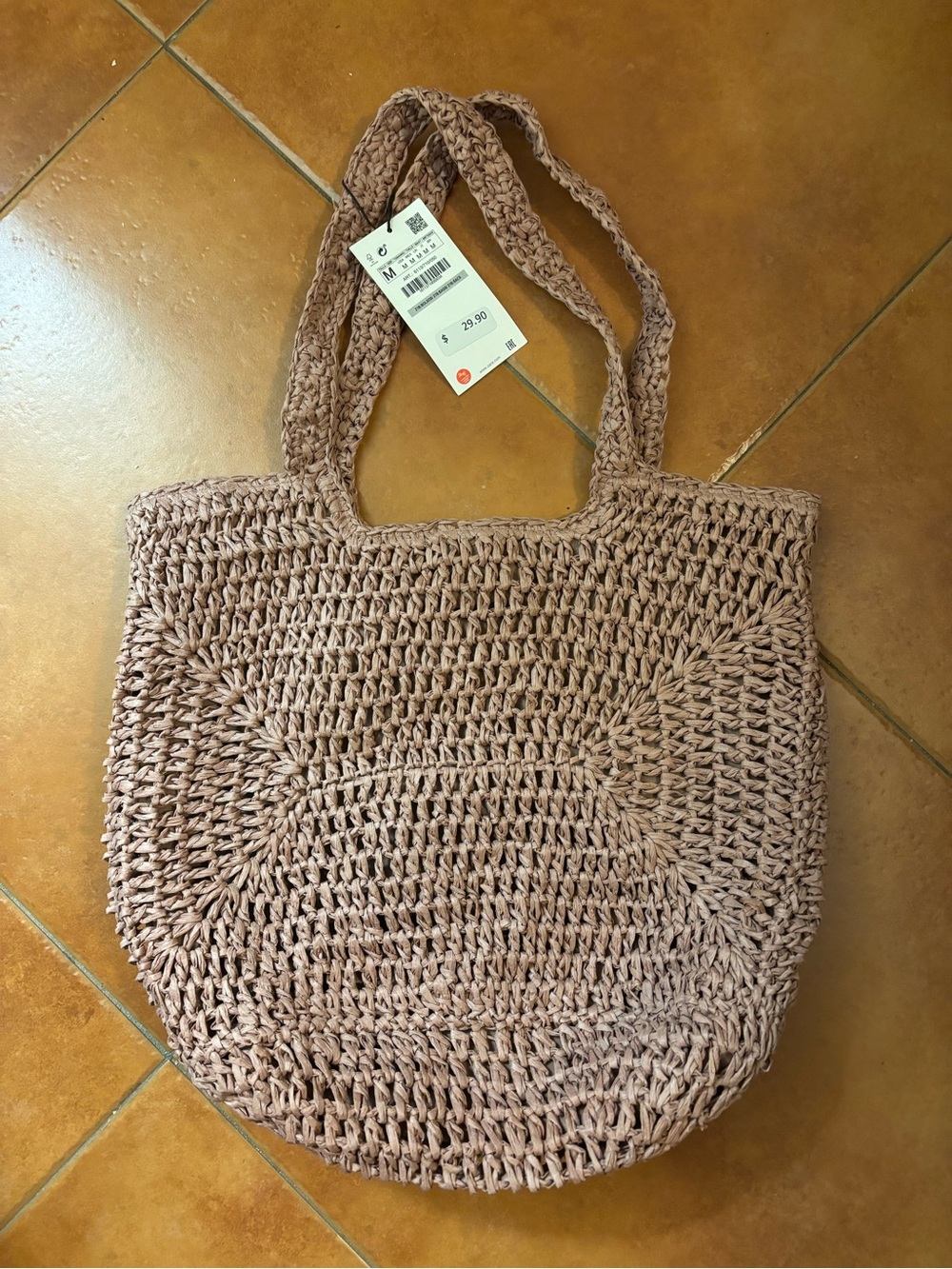 Zara woven straw tote bag beautiful dark rose/taupe all lined Brand new w tags